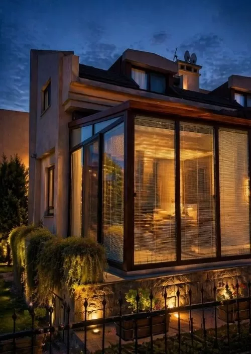 Evin teras alanına modern bir kış bahçesi olarak eklenmiş, jaluzi perdeli ve yalıtımlı bioklimatik pergola sistemi.